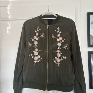 Forever 21 Olive Bomber Jacket with Floral Embroidery